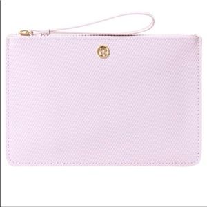 Lululemon Pink Clutch Wristlet Gold Logo Water Resistant Wipes Clean Goody Bag